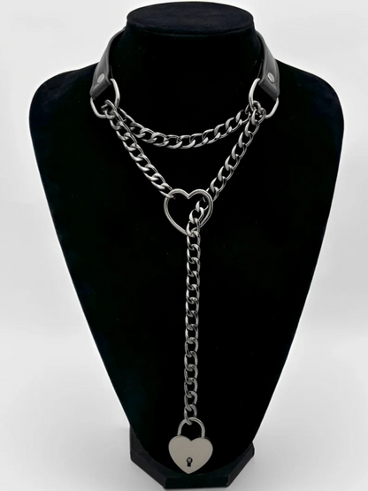 Lock & Key Chain Leather Choker Slip Chain